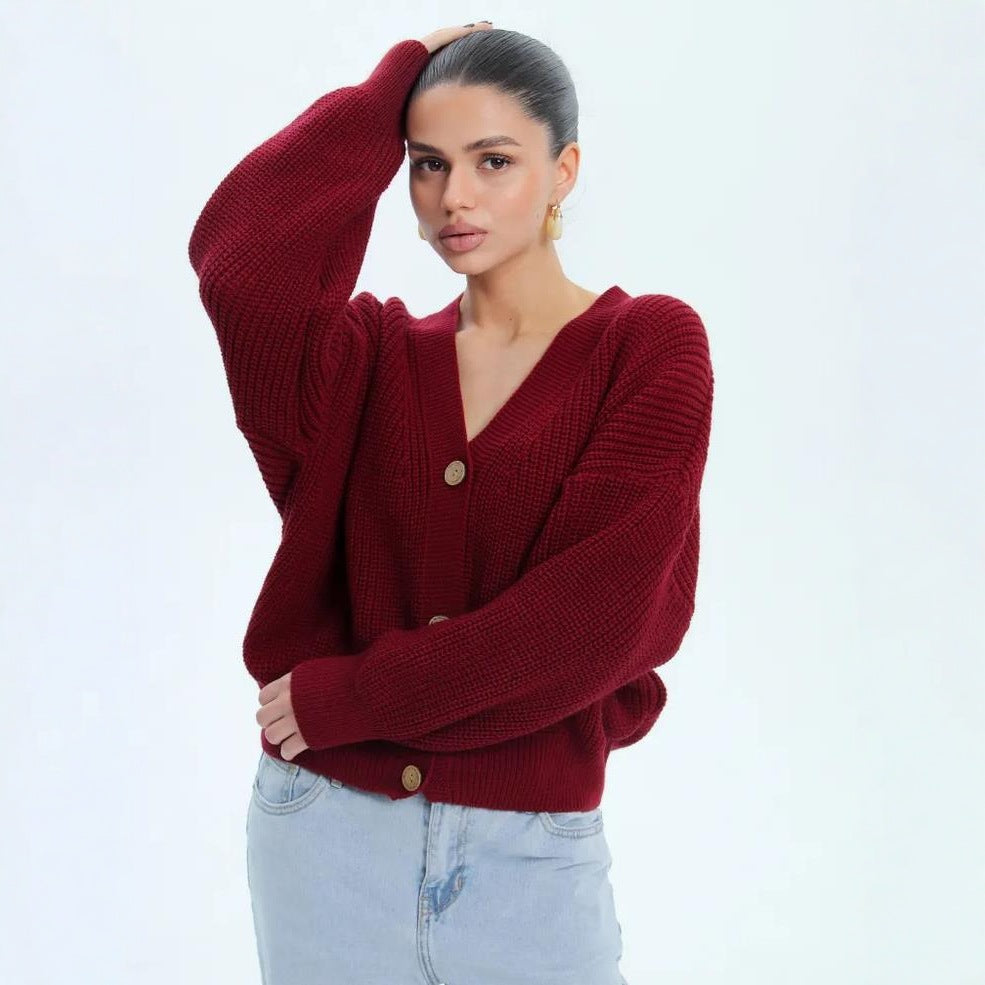 Damen lässiger Strickjacke mit voluminösen Ärmeln und modernen Knopfdetails EB