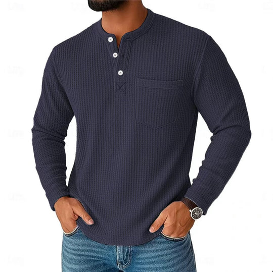 Herren nan Langarm Henley mit Waffelstruktur und Brusttasche thermisches Langarmshirt EB