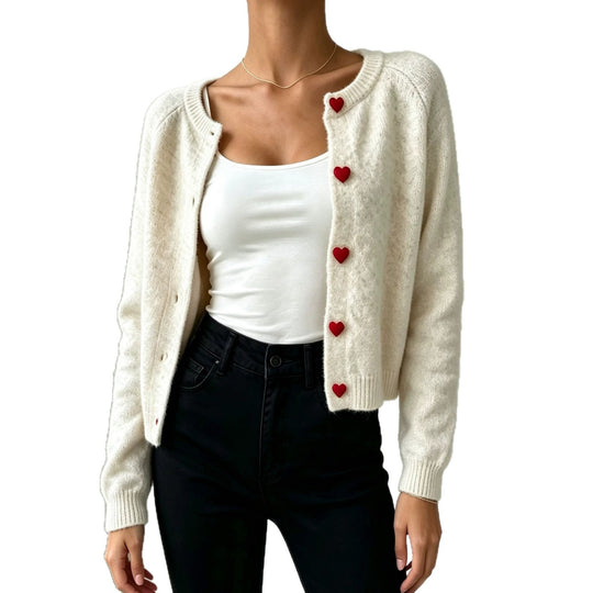Damen Strickcardigan mit herzförmigen Zierknöpfen und weicher Mohair-Optik EB