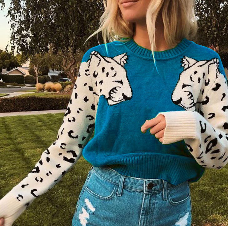 Damen Kuscheliger Pullover mit lebhaftem Tiermotiv und kontrastierenden Ärmeln EB