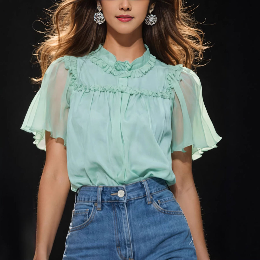 Damen Elegante Bluse mit Rüschendetails und transparenten Ärmeln EB