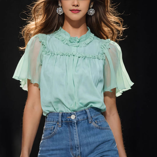 Damen Elegante Bluse mit Rüschendetails und transparenten Ärmeln EB