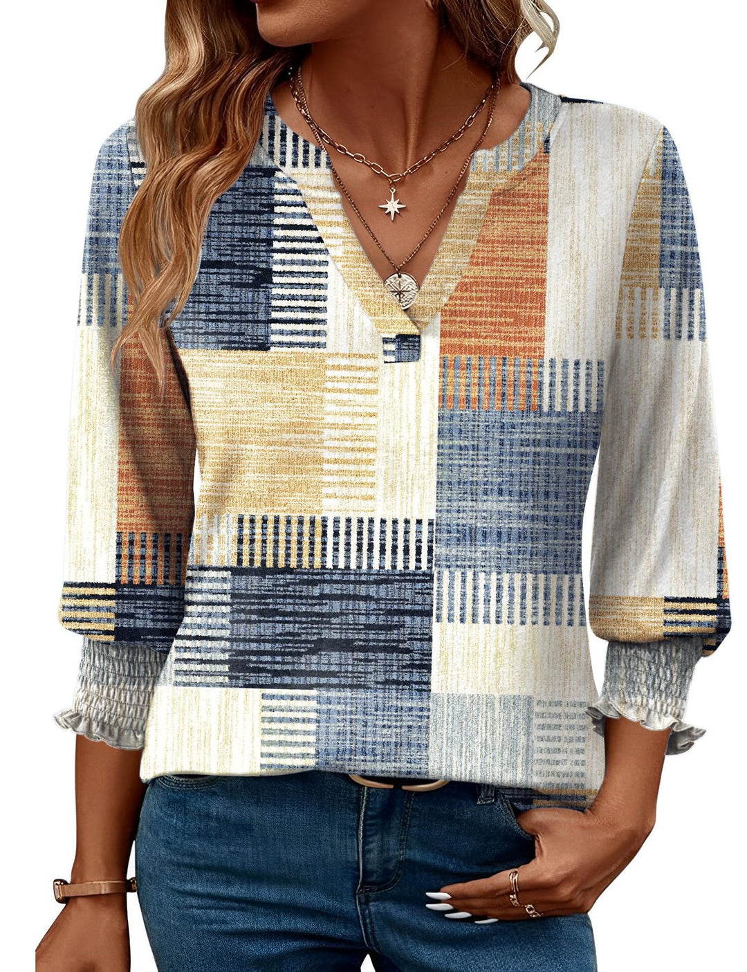 Damen modische Bluse mit verspieltem Paisleymuster und Rüschendetails EB