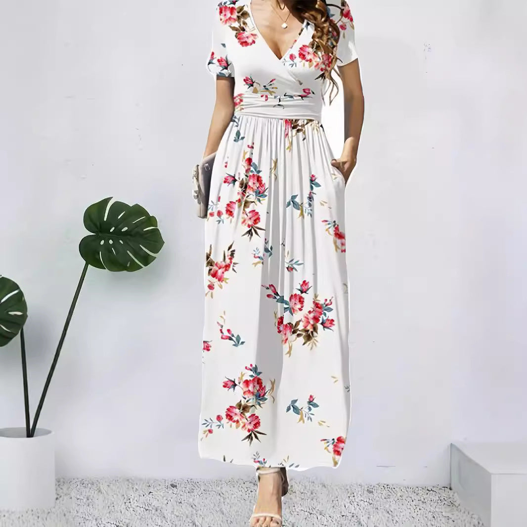 Damen Maxikleid mit tiefem V-Ausschnitt und floralem Design EB
