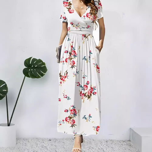 Damen Maxikleid mit tiefem V-Ausschnitt und floralem Design EB