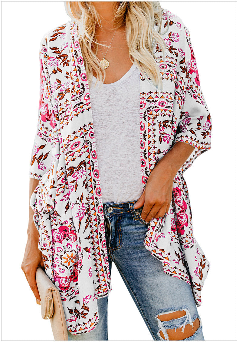 Damen luftiger Kimono mit floralem Muster und weitem Schnitt EB