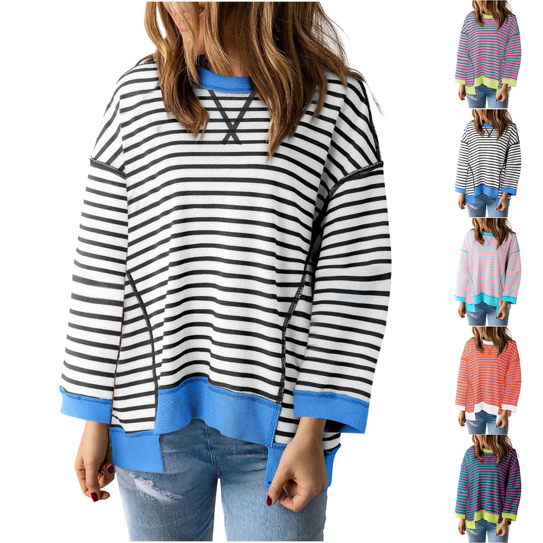 Damen nan oversized gestreifter Sweatshirtpullover mit kontrastsaum, überschnittener Schulter und seitlichen Schlitzen EB