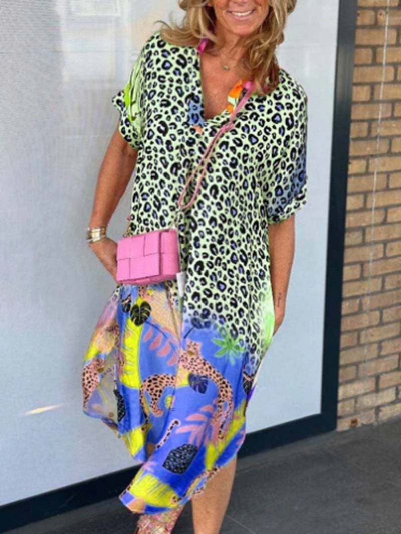 Damen nan weit geschnittenes V-Ausschnitt Midikleid mit Leoparden- und Tropenprint EB