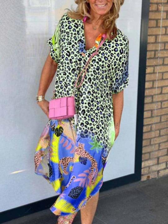 Damen nan weit geschnittenes V-Ausschnitt Midikleid mit Leoparden- und Tropenprint EB