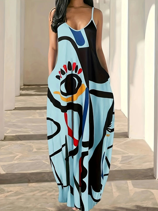 Damen Maxikleid mit modernem grafischen Print und schwingendem Saum EB