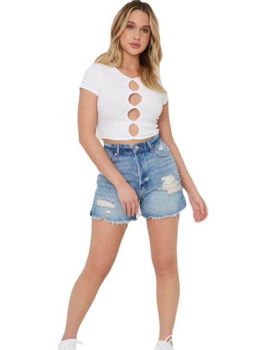 Damen lässige Denim-Shorts mit hohem Bund und ausgefranstem Saum EB