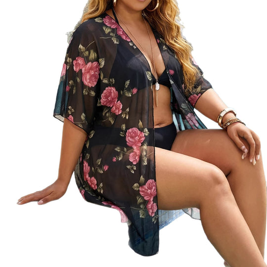 Damen transparenter Strandüberwurf mit floralen Mustern EB