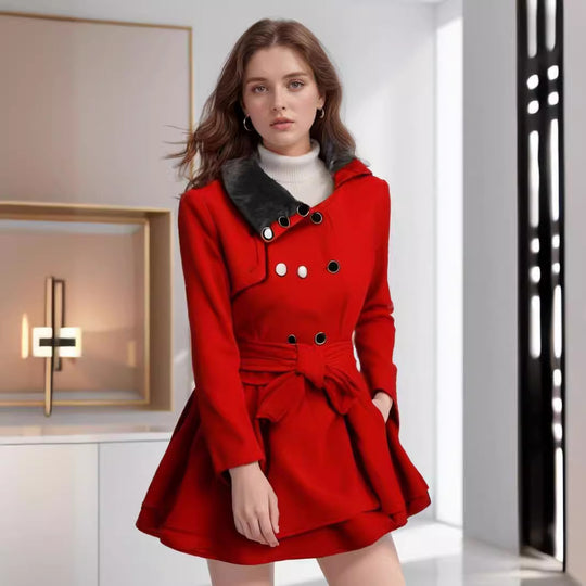 Damen klassischer Mantel mit elegantem Kragen und abnehmbarer Kapuze EB
