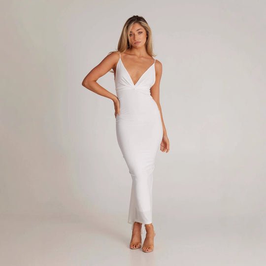 Damen elegantes Maxikleid mit tiefem V-Ausschnitt und zarten Spaghetti-Trägern EB