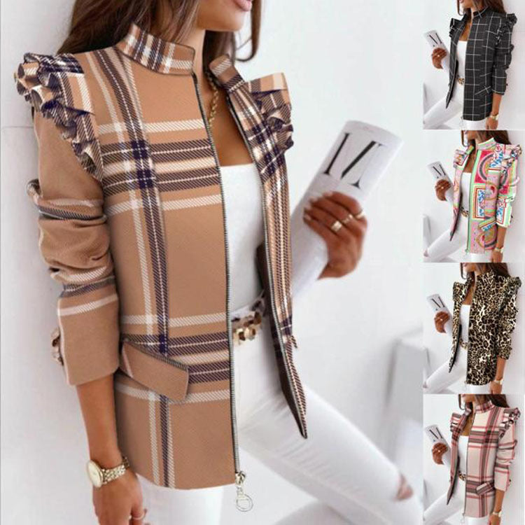 Damen nan Leo-Blouson mit Volantärmeln, Stehkragen und Zipper-Front EB