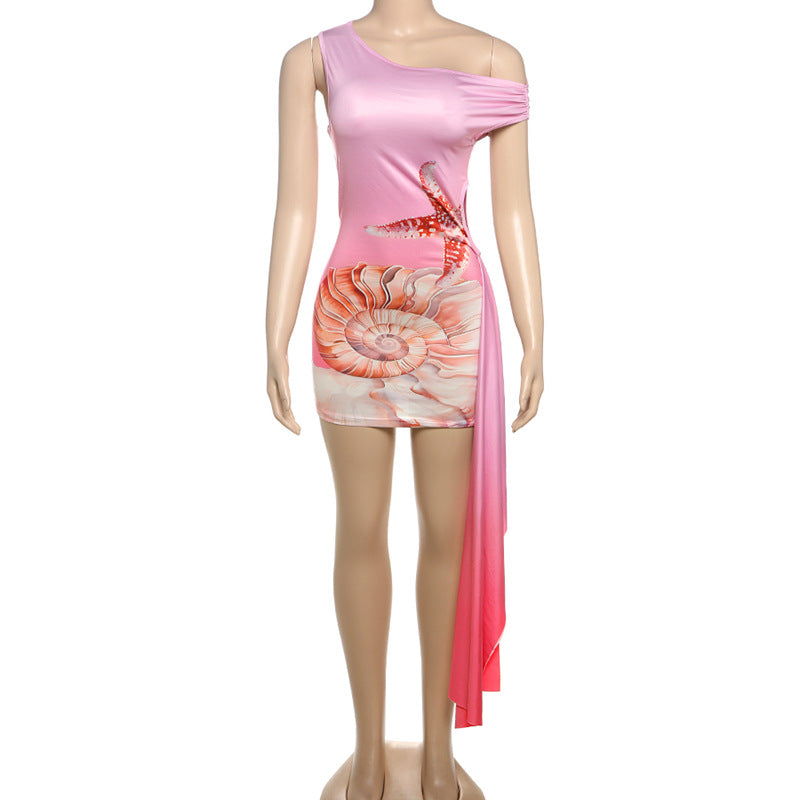 Damen Einseitiges Strandkleid mit maritimem Motiv und asymmetrischem Schnitt EB