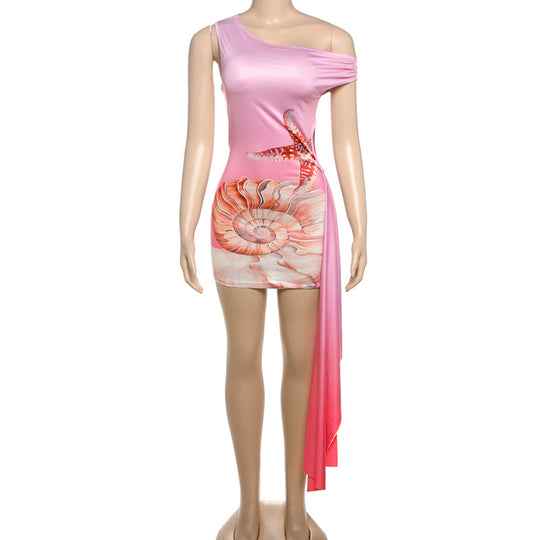 Damen Einseitiges Strandkleid mit maritimem Motiv und asymmetrischem Schnitt EB