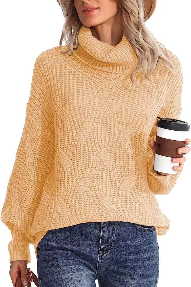 Damen Weicher Strickpullover mit hohem Kragen und Kabelmuster EB