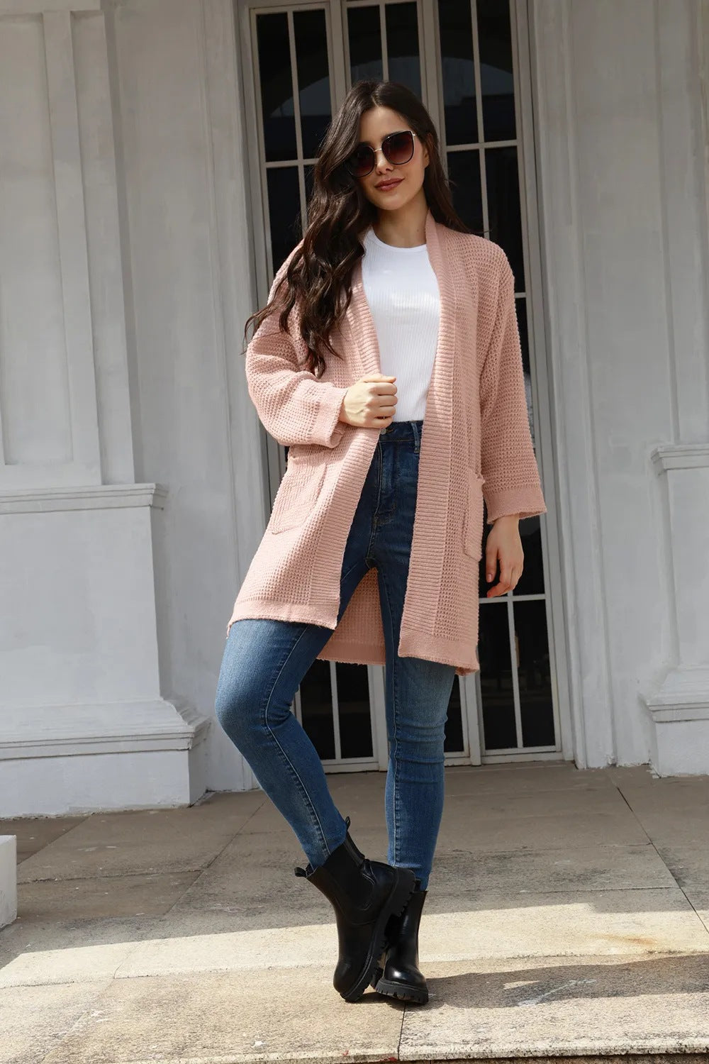 Damen lässiger Strickcardigan mit praktischen Taschen und offener Front EB