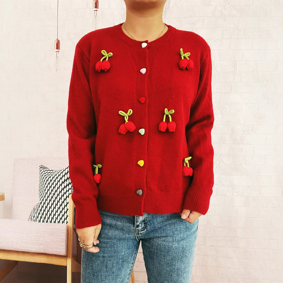 Damen Strickjacke mit fröhlichen Blumenapplikationen EB