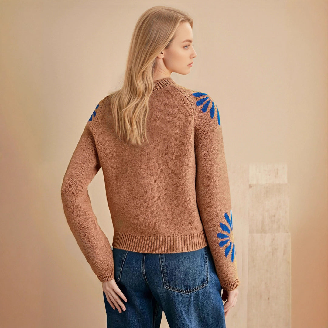 Damen farbenfroher Strickpullover mit floralem Muster EB