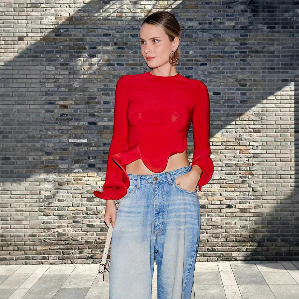 Damen Trendy Oberteil mit asymmetrischen Rüschendetails und elegantes Design EB