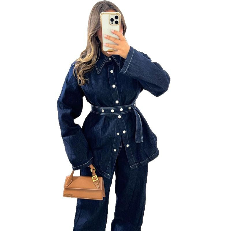 Damen Denim-Blazer-Set im Vintage-Stil mit Taillengürtel EB