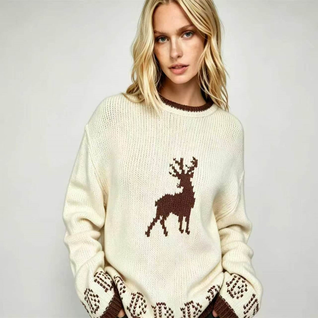 Damen Oversize Strickpullover mit Hirschintarsie, Rundhalsausschnitt und Norwegerbündchen EB