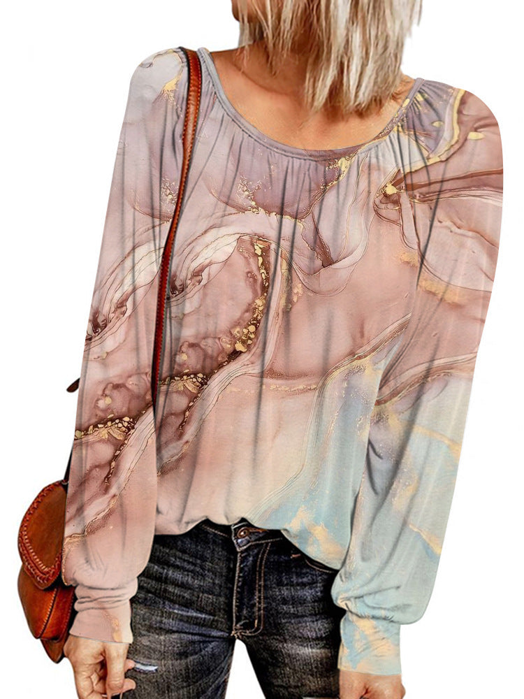 Damen Ethno-Print Oversize-Tunika mit Rundhalsausschnitt und langen Ballonärmeln EB