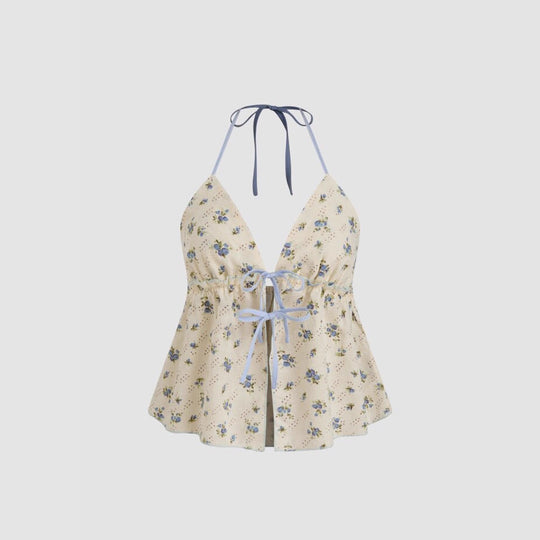 Damen luftiges Blusenshirt mit floralem Print und verstellbarem Kordelzug EB
