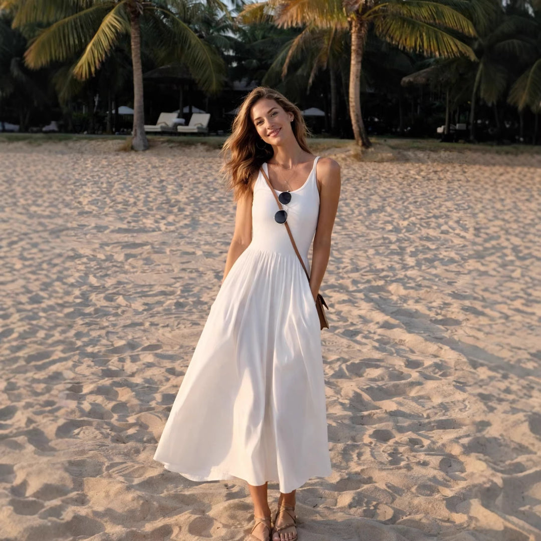 Damen Elegantes Maxikleid mit spaghetti Trägern und fließendem Rock EB