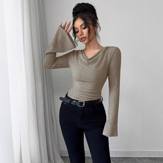 Damen elegantes Ripp-Oberteil mit asymmetrischem Saum und schulterfreiem Design EB