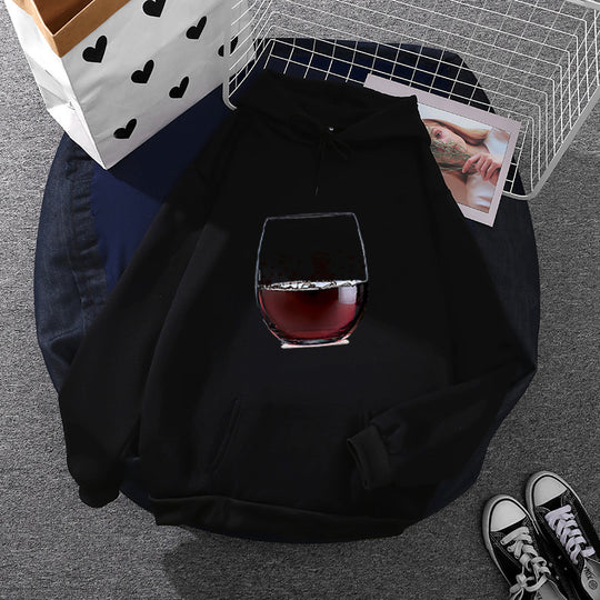 Damen nan lässiger Kapuzenhoodie mit fotorealistischer Weinglas‑Grafik, Kängurutasche und weichem Fleece EB