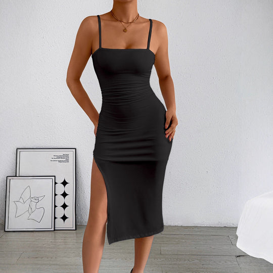 Damen figurbetontes Midi-Kleid mit schulterfreien Trägern und tiefem Schlitz EB