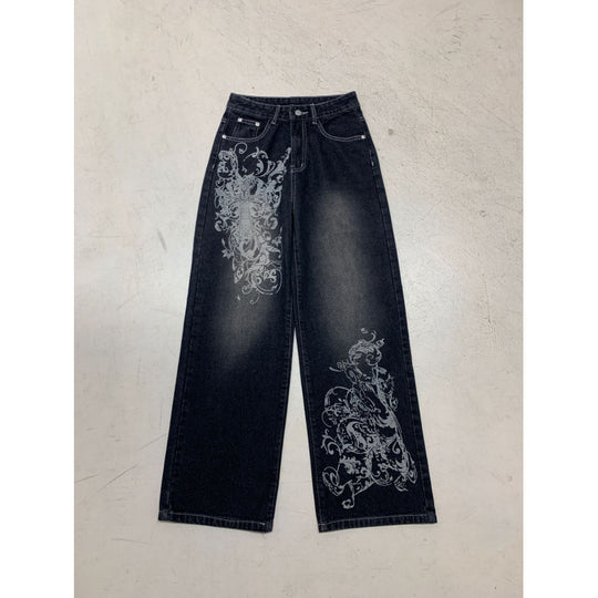 Damen Weite Denim-Hose mit auffälligem grafischem Druck EB