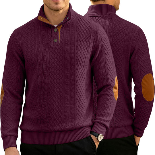 Herren Kabelstrick Troyer Pullover mit Stehkragen und Lederoptik-Ellbogen-Patches EB