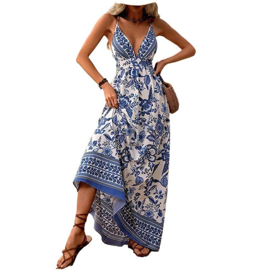 Damen Maxikleid mit tiefem V-Ausschnitt und floralen Mustern EB
