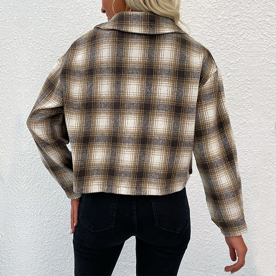 Damen karierte Kurzjacke im lässigen Schnitt mit praktischen Taschen EB