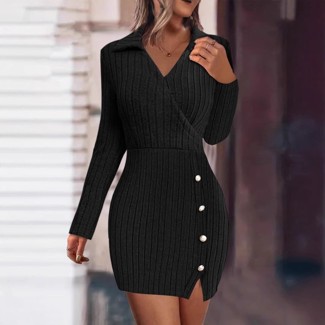 Damen Strick-Wickelkleid mit Eleganten Knöpfen EB