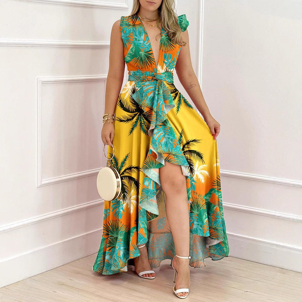 Damen Maxi-Kleid mit tiefem V-Ausschnitt und asymmetrischem Rock EB