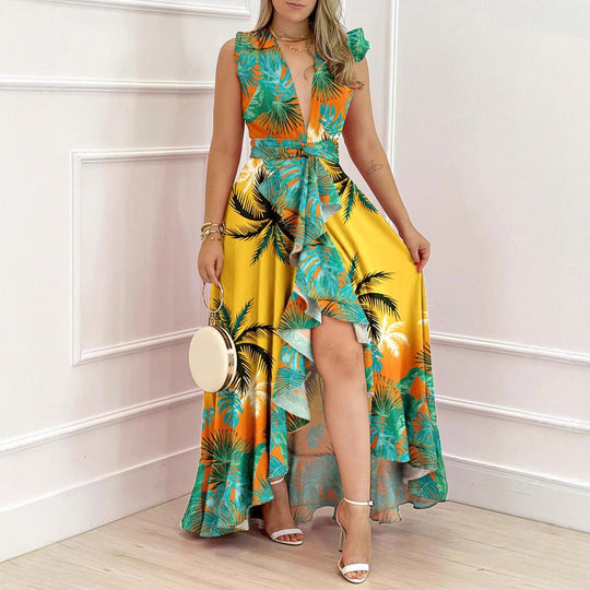 Damen Maxi-Kleid mit tiefem V-Ausschnitt und asymmetrischem Rock EB