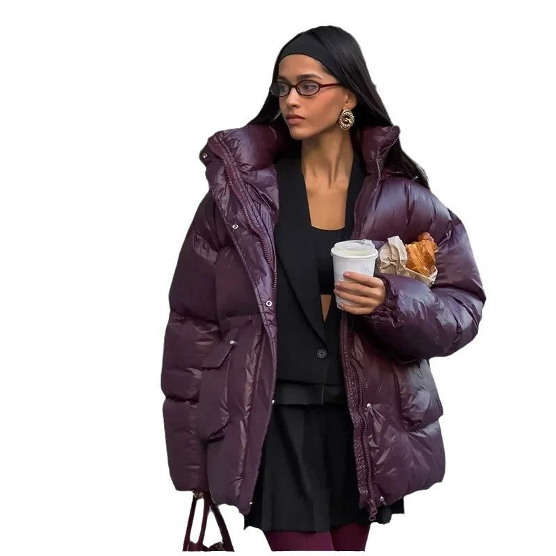Damen modische oversized Daunenjacke mit Taillengürtel und seitlichen Taschen EB