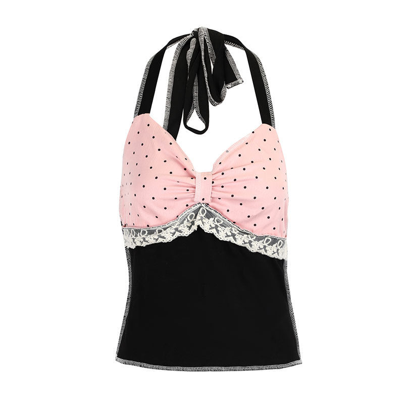 Damen Haltertop mit romantischem Spitzendetail und elegantem Polka-Dot-Muster EB