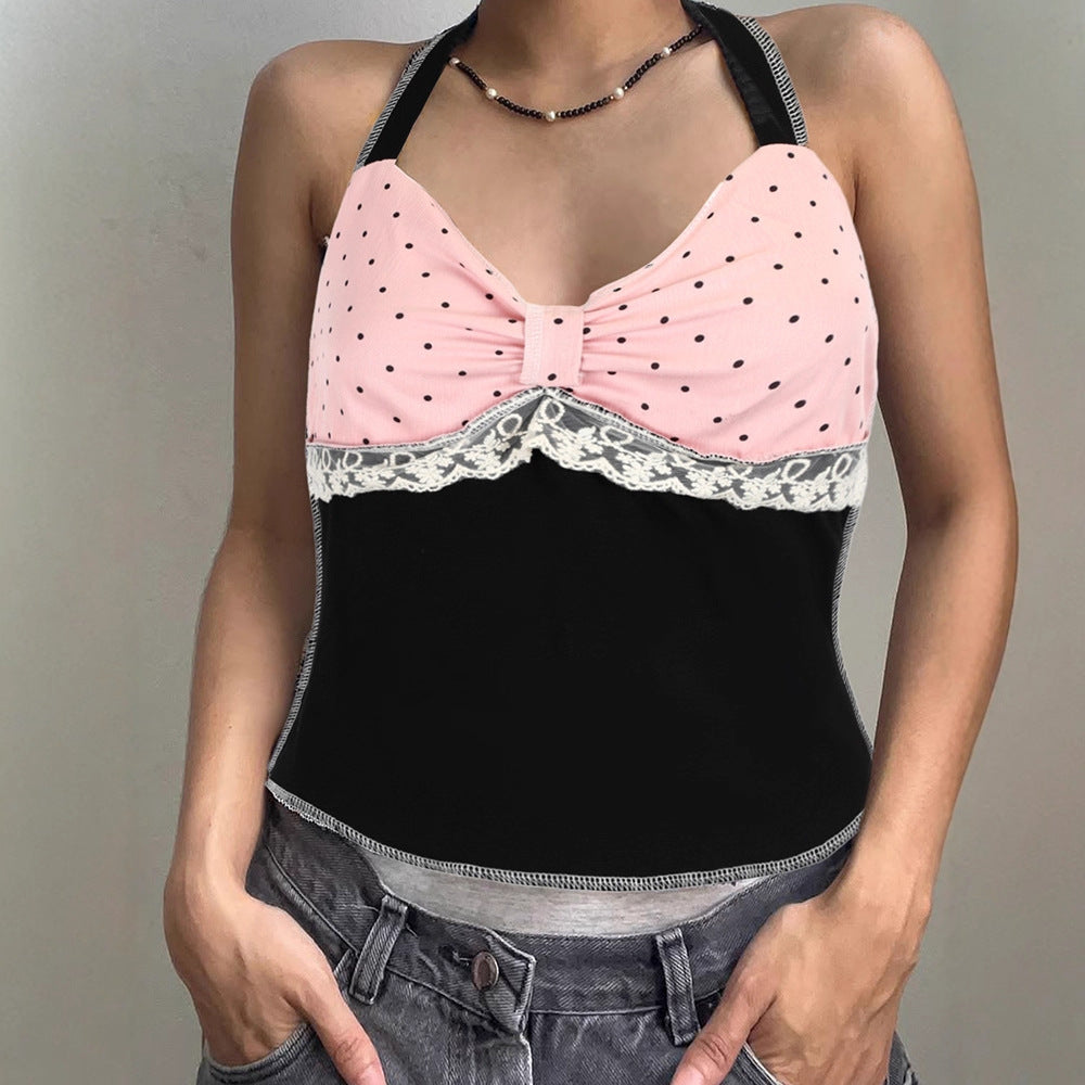 Damen Haltertop mit romantischem Spitzendetail und elegantem Polka-Dot-Muster EB