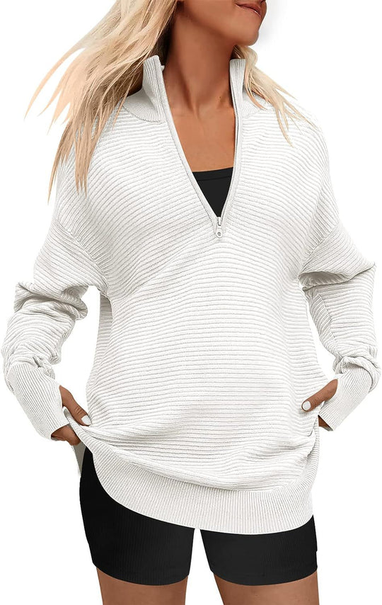 Damen Oversized Pullover mit Stehkragen und Reißverschluss EB