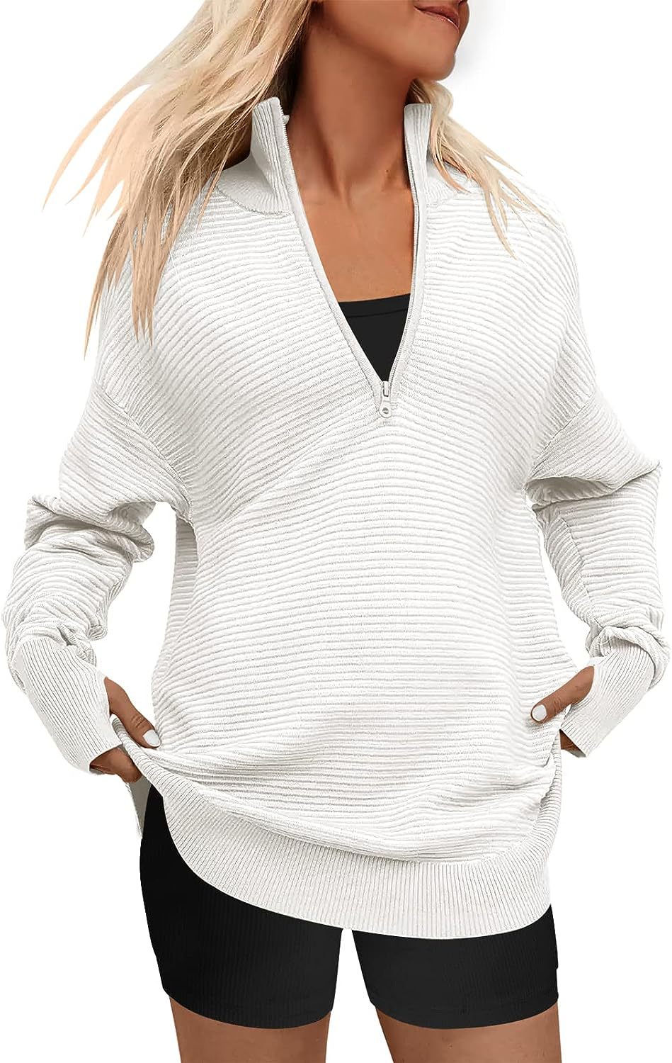 Damen Hochwertiger Reißverschluss Pullover mit strukturiertem Design EB