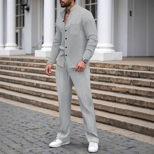 Herren nan lässiges Hemd-Hose Lounge-Set aus strukturiertem Baumwollmischgewebe EB