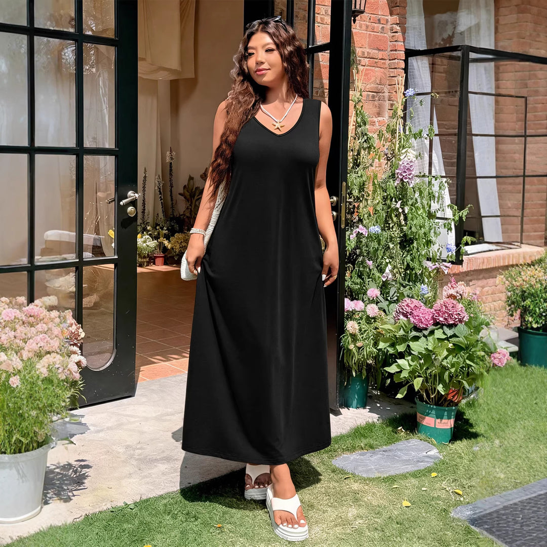 Damen luftiges Maxikleid mit V-Ausschnitt und seitlichem Schlitz EB