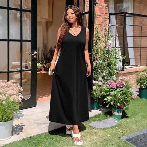 Damen luftiges Maxikleid mit V-Ausschnitt und seitlichem Schlitz EB