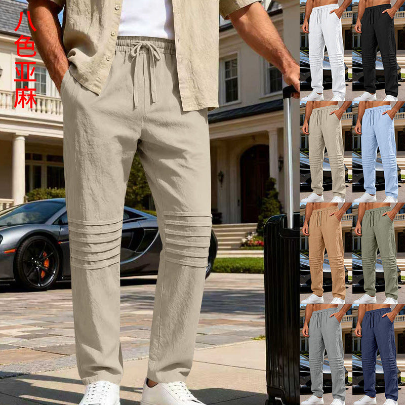 Herren Leinenoptik-Loungehose mit Tunnelzug elastischem Bund und abgesteppten Kniepanelen EB